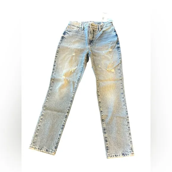Good American Women's Mid Rise Straight Jeans Light Blue Distressed M