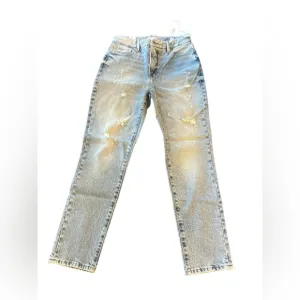 Good American Women's Mid Rise Straight Jeans Light Blue Distressed M