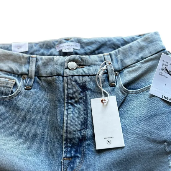 Good American Women's Mid Rise Straight Jeans Light Blue Distressed M