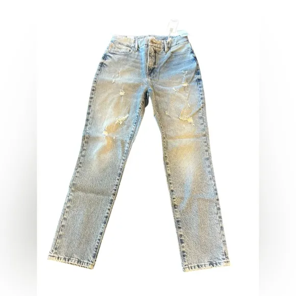 Good American Women's Mid Rise Straight Jeans Light Blue Distressed M