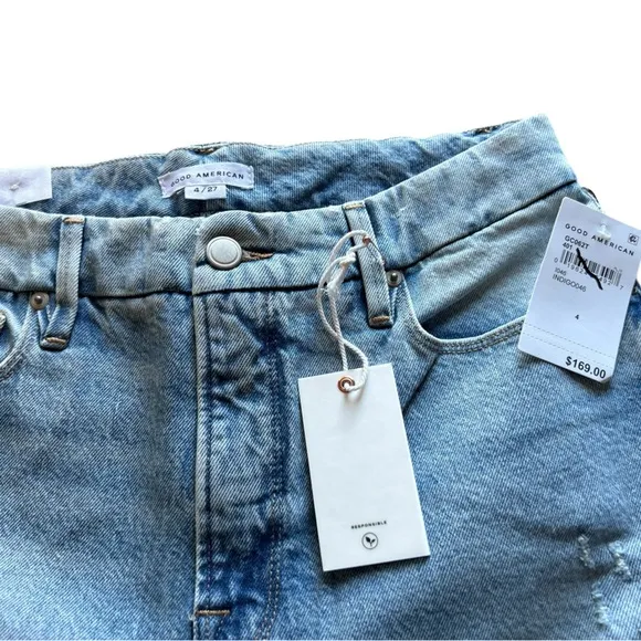 Good American Women's Mid Rise Straight Jeans Light Blue Distressed M