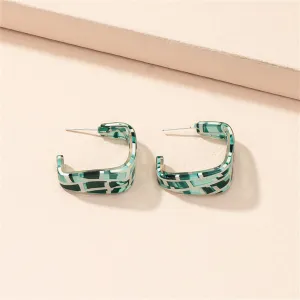 Green Acrylic & Silver-Plated Mosaic Square Huggie Earring