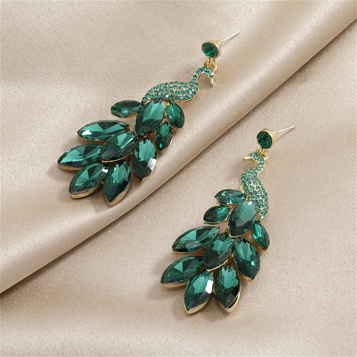 Green Crystal & Cubic Zirconia Peacock Drop Earrings