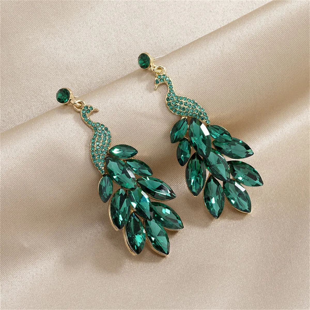 Green Crystal & Cubic Zirconia Peacock Drop Earrings