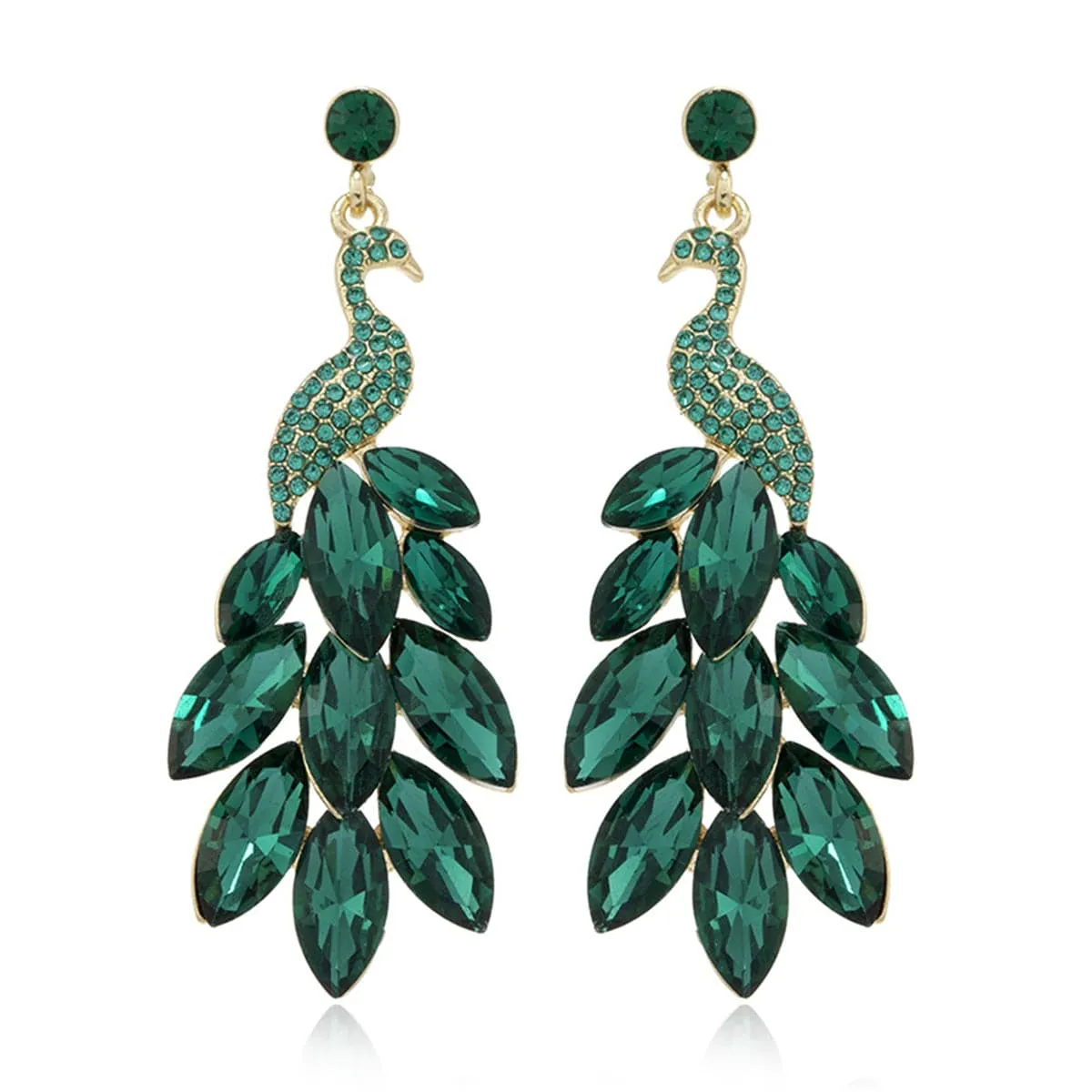 Green Crystal & Cubic Zirconia Peacock Drop Earrings