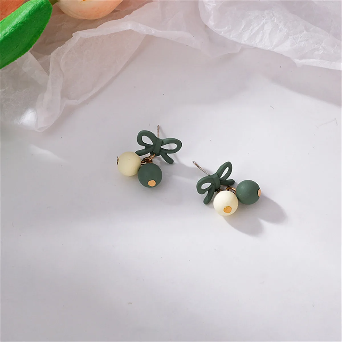 Green Enamel & 18K Gold-Plated Bow Drop Earrings