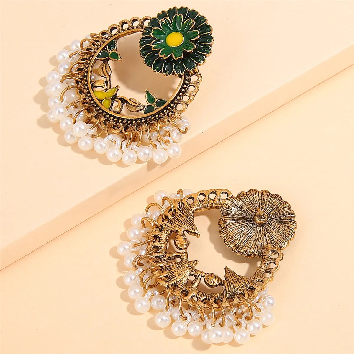 Green Enamel & Pearl 18K Gold-Plated Floral Wreath Drop Earrings