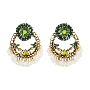 Green Enamel & Pearl 18K Gold-Plated Floral Wreath Drop Earrings