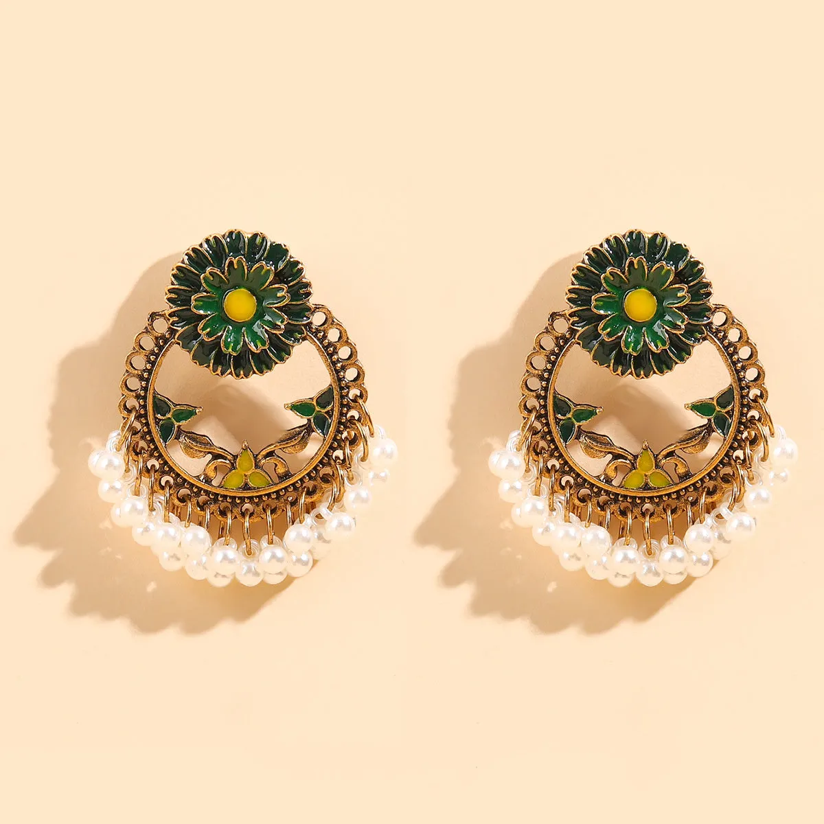 Green Enamel & Pearl 18K Gold-Plated Floral Wreath Drop Earrings