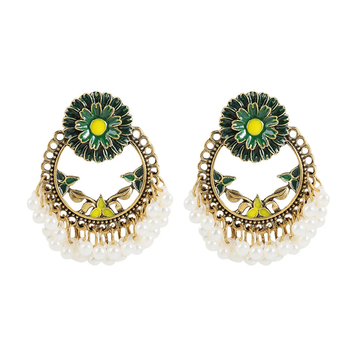Green Enamel & Pearl 18K Gold-Plated Floral Wreath Drop Earrings
