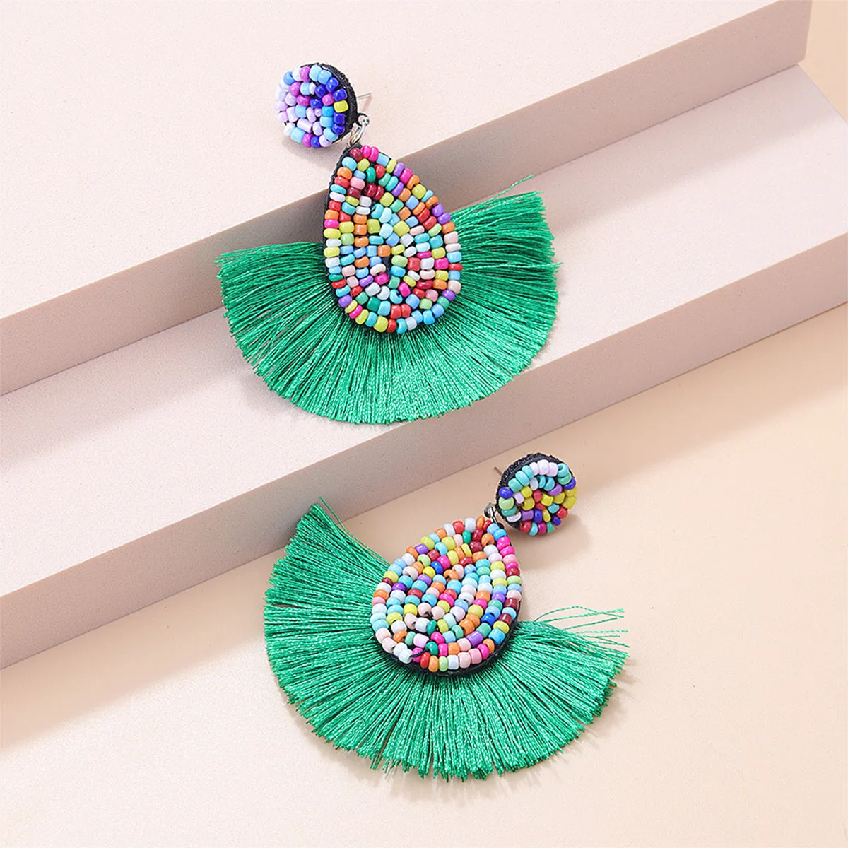 Green Tassel Fan Earrings
