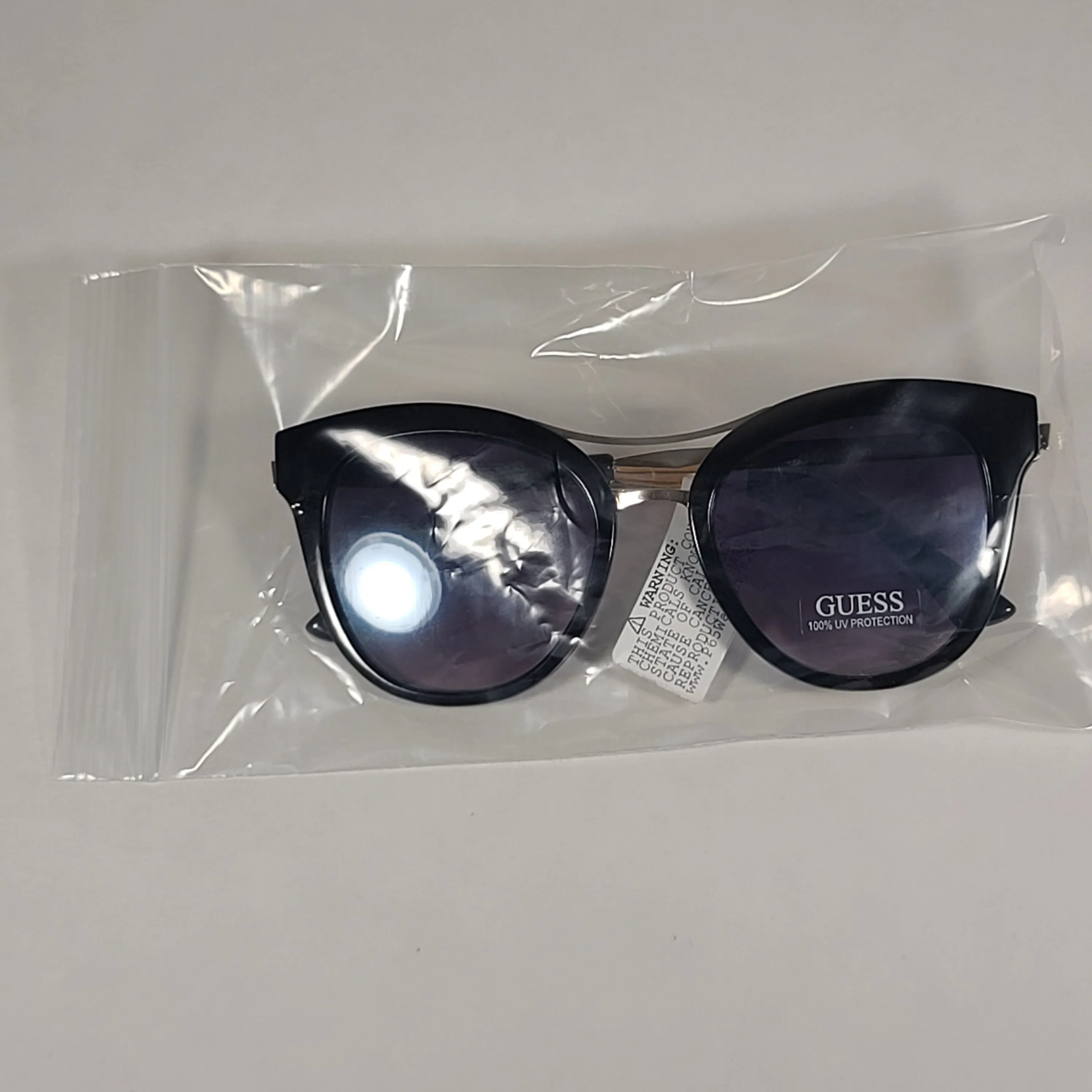 Guess Round Cat Eye Sunglasses GF0304 01C Shiny Black And Gold Frame Gray Smoke Lens