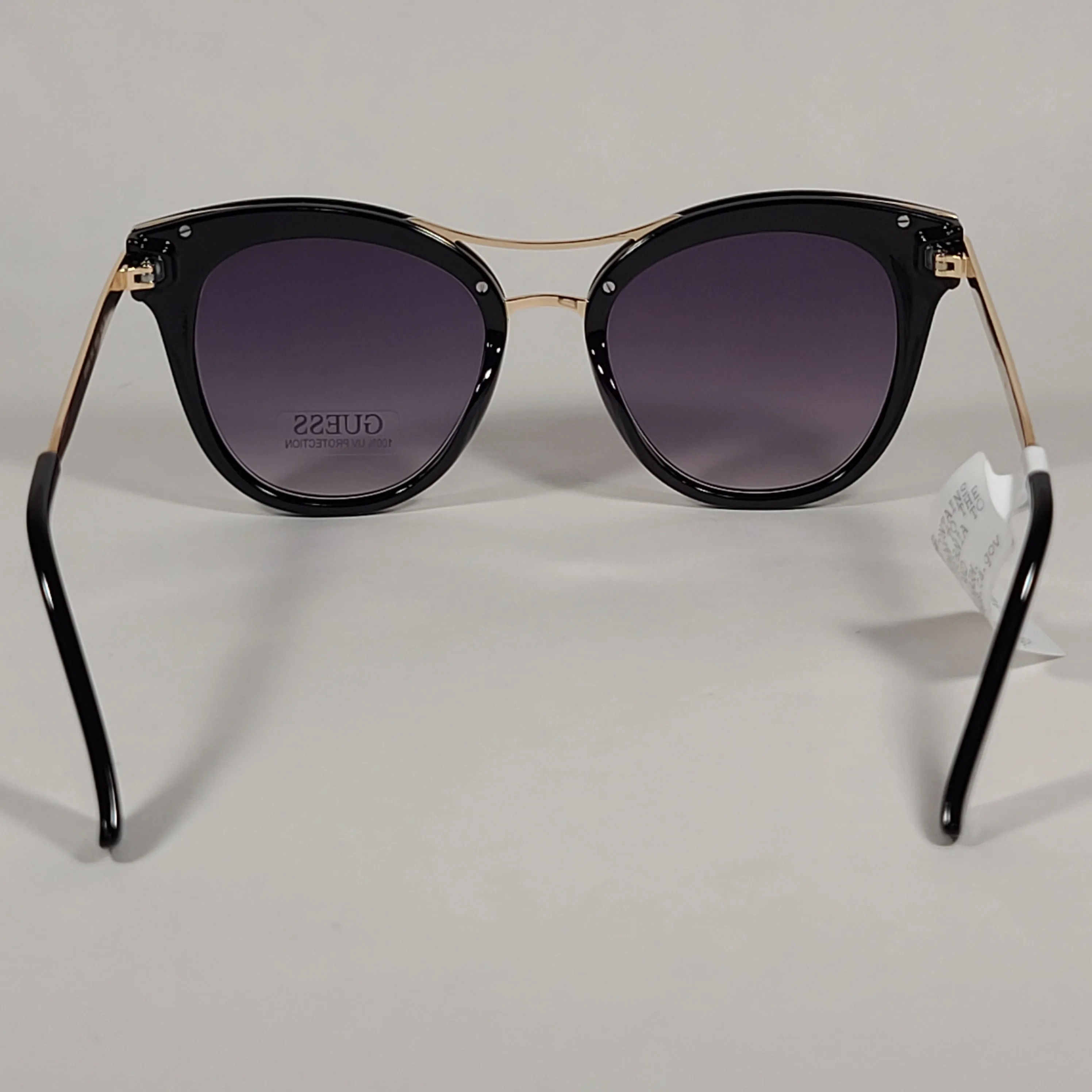 Guess Round Cat Eye Sunglasses GF0304 01C Shiny Black And Gold Frame Gray Smoke Lens