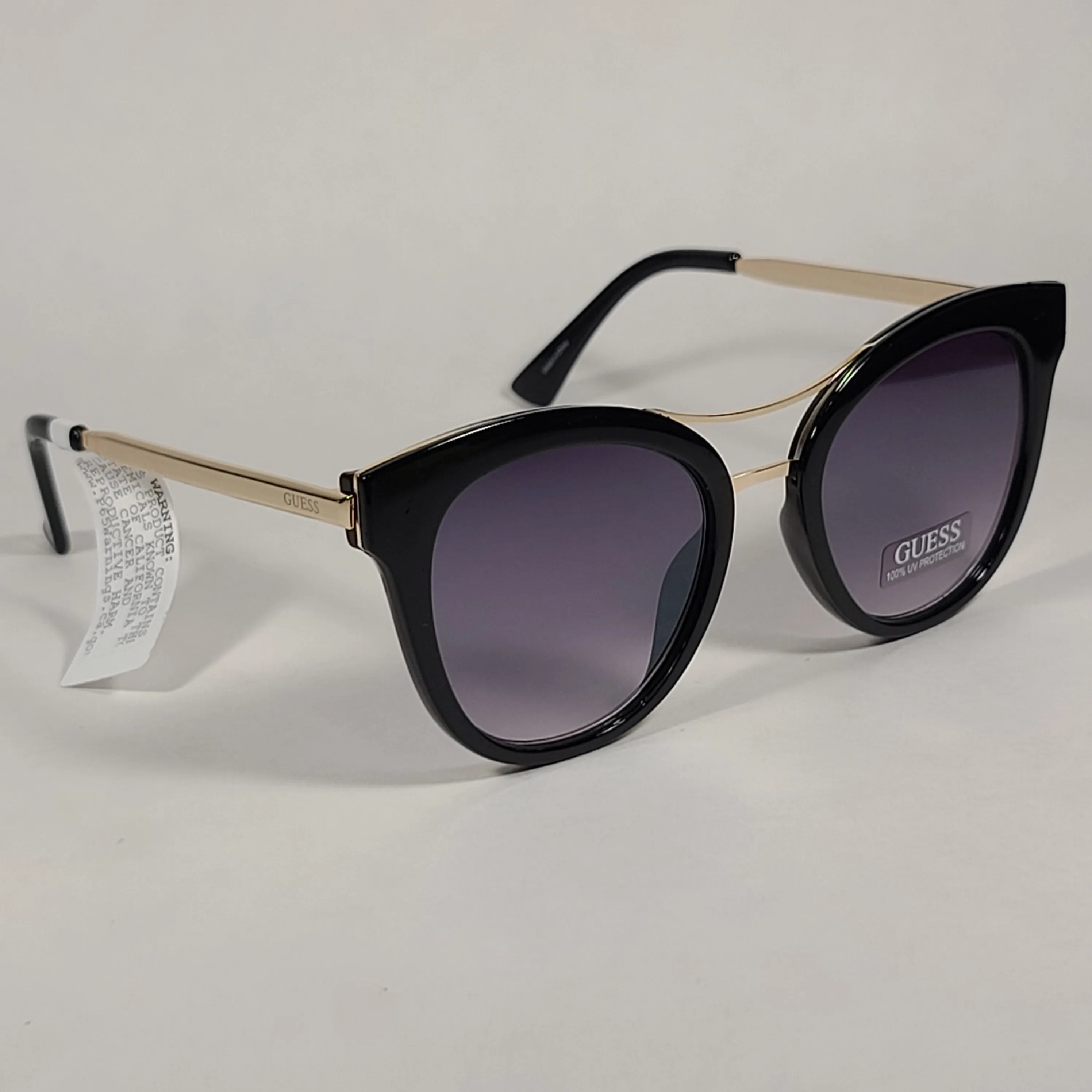Guess Round Cat Eye Sunglasses GF0304 01C Shiny Black And Gold Frame Gray Smoke Lens