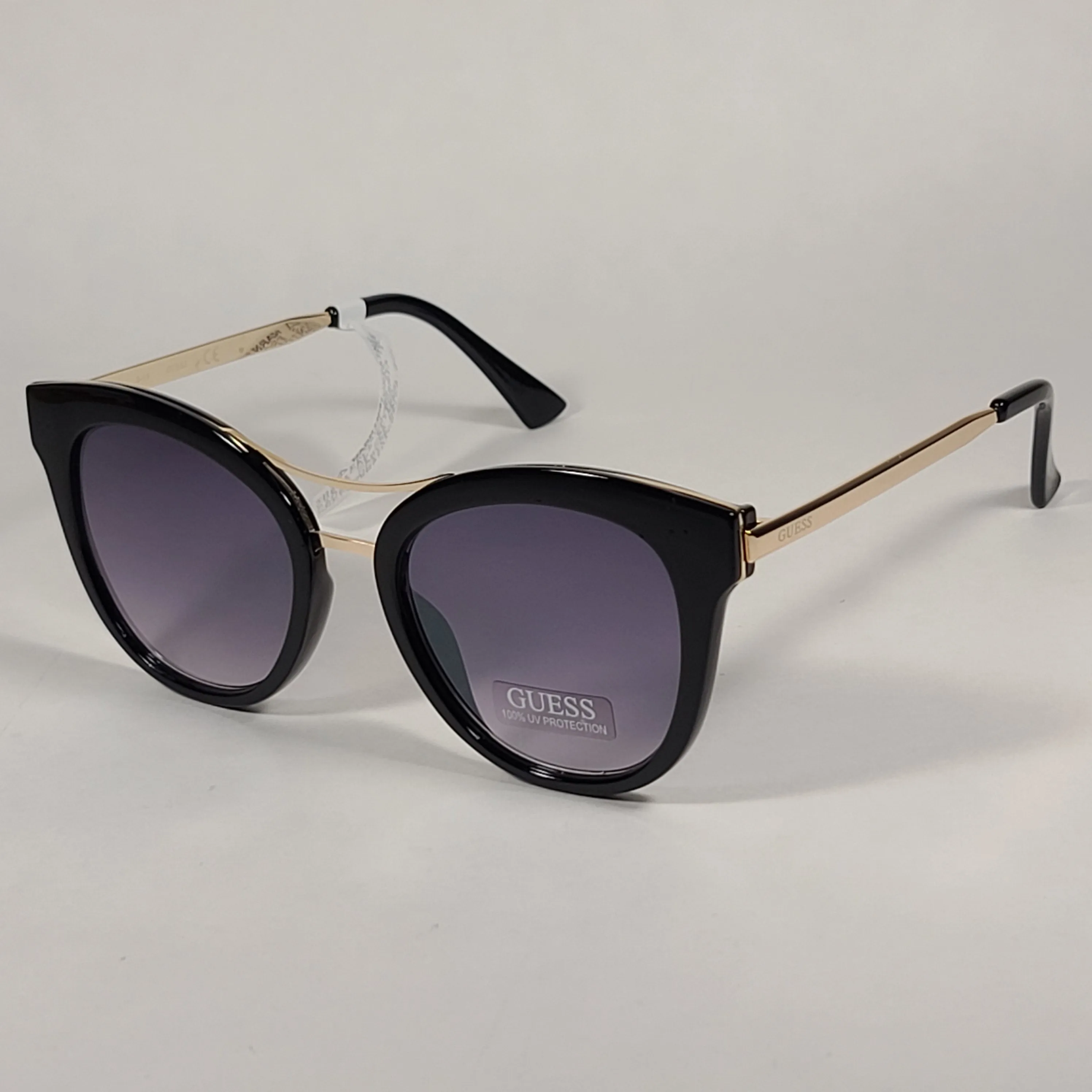 Guess Round Cat Eye Sunglasses GF0304 01C Shiny Black And Gold Frame Gray Smoke Lens