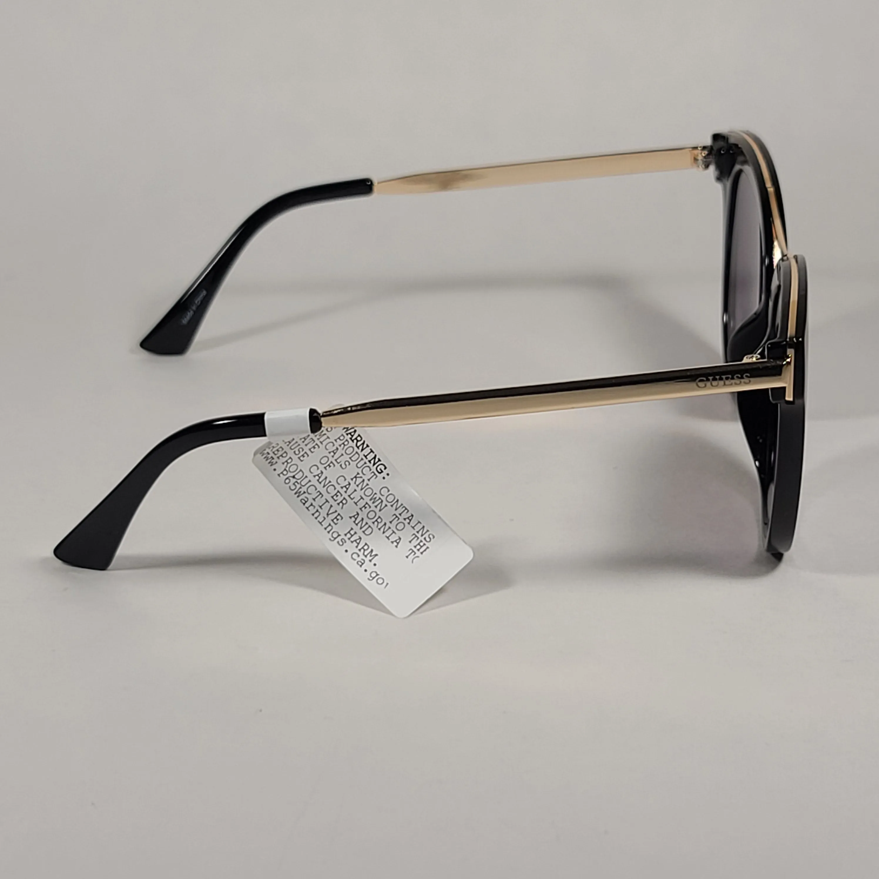Guess Round Cat Eye Sunglasses GF0304 01C Shiny Black And Gold Frame Gray Smoke Lens