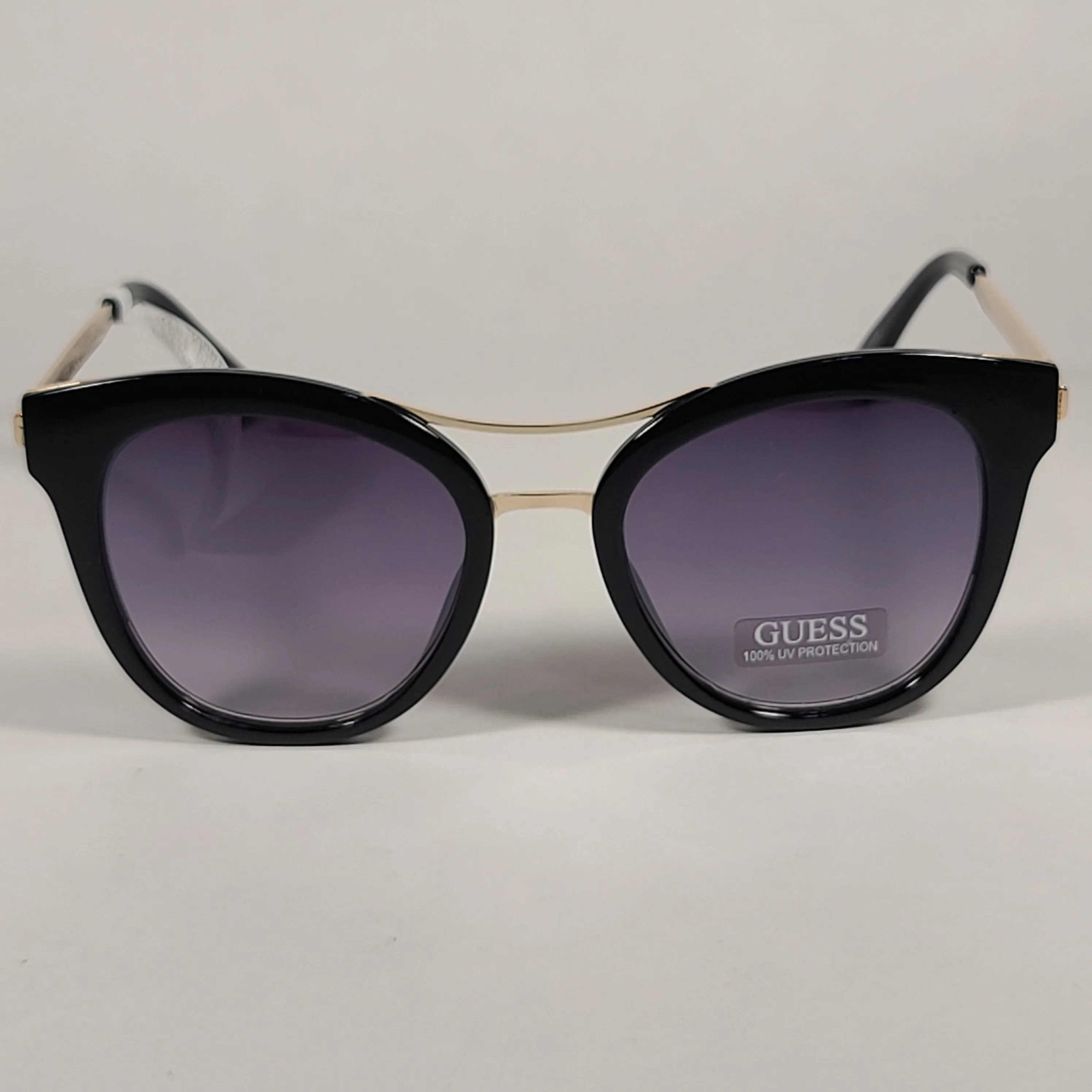 Guess Round Cat Eye Sunglasses GF0304 01C Shiny Black And Gold Frame Gray Smoke Lens