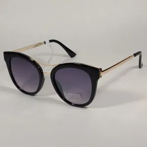 Guess Round Cat Eye Sunglasses GF0304 01C Shiny Black And Gold Frame Gray Smoke Lens