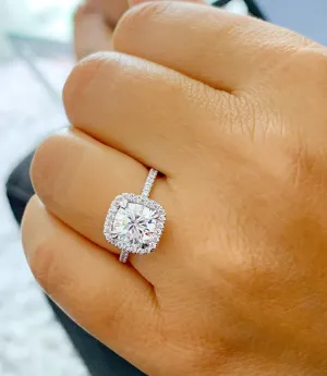 Halo Women's 14k solid white gold cushion cut forever one moissanite and natural diamond engagement ring Bridal Wedding Halo 2.30ct
