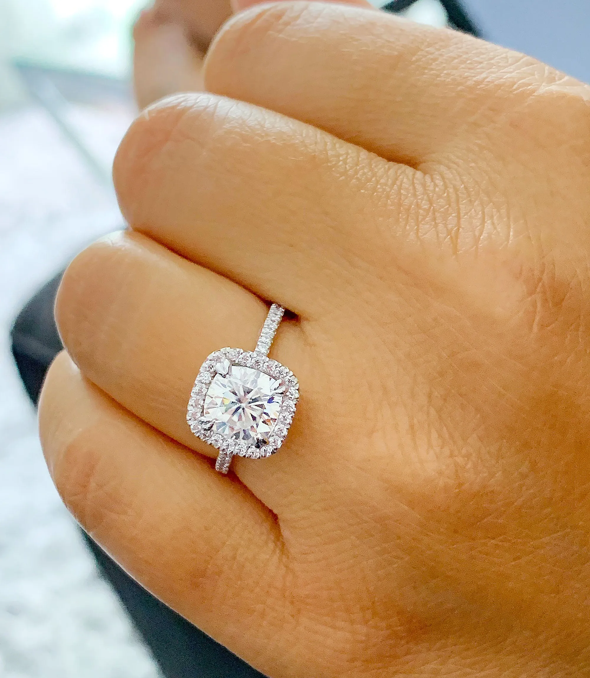 Halo Women's 14k solid white gold cushion cut forever one moissanite and natural diamond engagement ring Bridal Wedding Halo 2.30ct