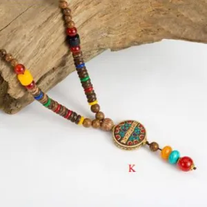 Handmade Wood Beads Pendant & Necklace Ethnic Long Strand Buddhist Mala
