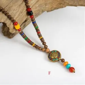 Handmade Wood Beads Pendant & Necklace Ethnic Long Strand Buddhist Mala