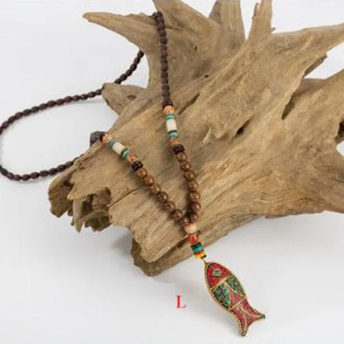 Handmade Wood Beads Pendant & Necklace Ethnic Long Strand Buddhist Mala