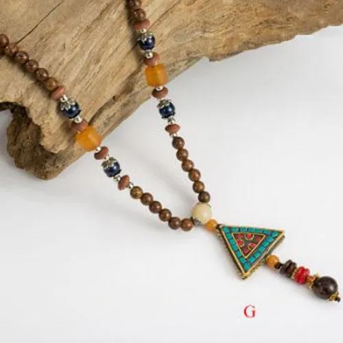 Handmade Wood Beads Pendant & Necklace Ethnic Long Strand Buddhist Mala