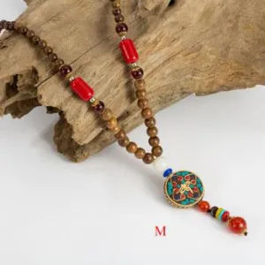 Handmade Wood Beads Pendant & Necklace Ethnic Long Strand Buddhist Mala