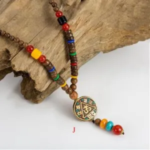 Handmade Wood Beads Pendant & Necklace Ethnic Long Strand Buddhist Mala