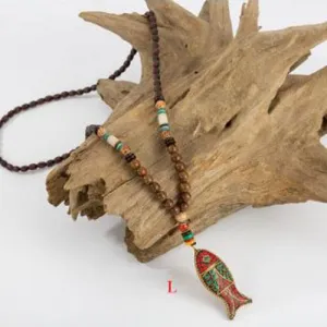 Handmade Wood Beads Pendant & Necklace Ethnic Long Strand Buddhist Mala