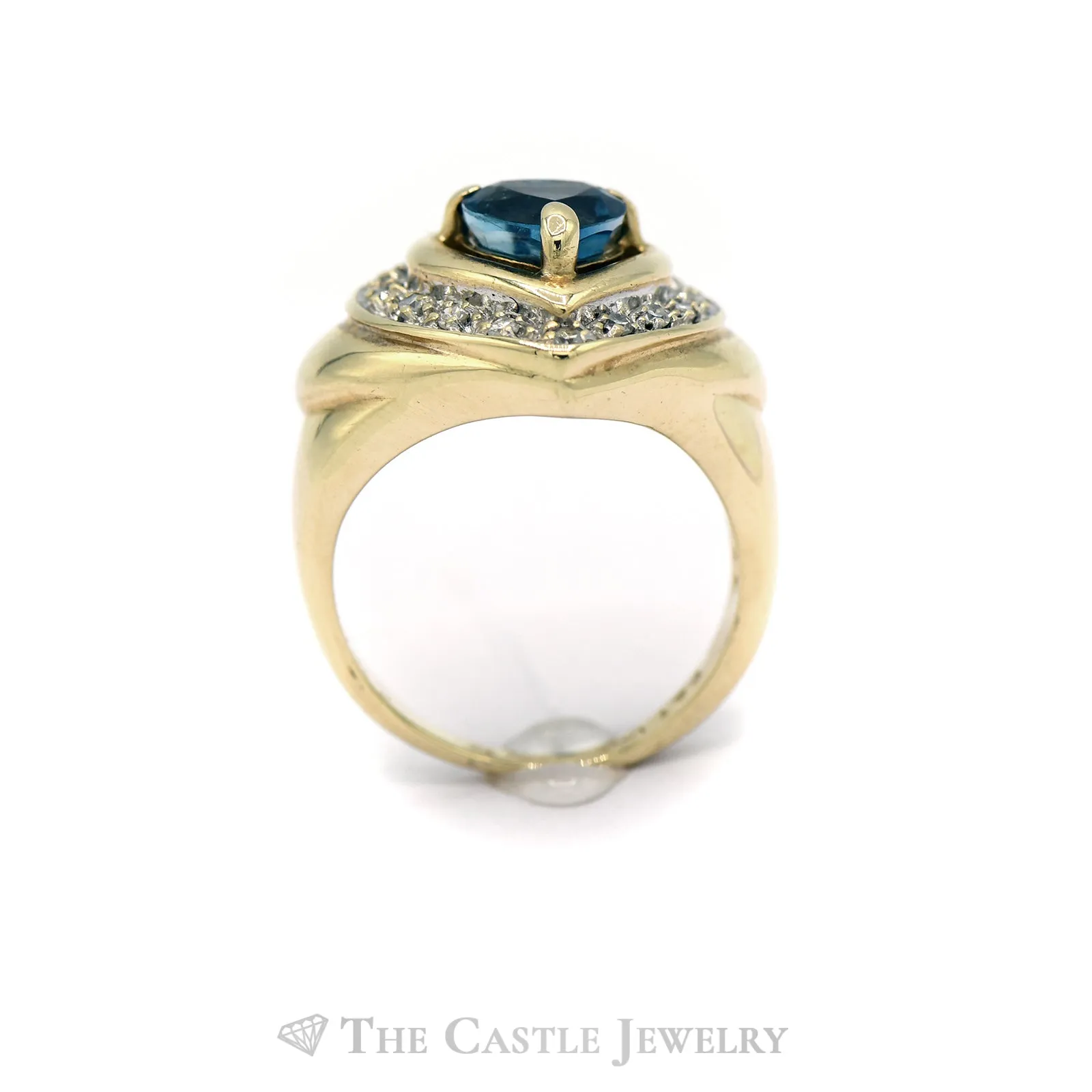 Heart Shaped Blue Topaz Ring with Heart Shaped Diamond Halo in 14KT Yellow Gold