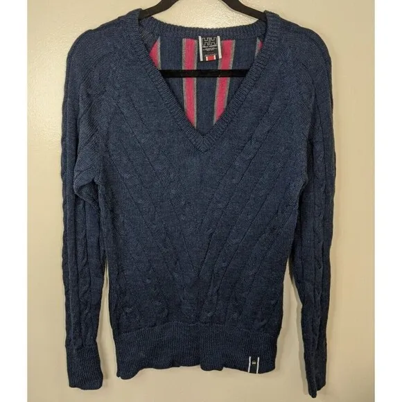 Helly Hansen Women's Sweater Blue Knit V-Neck 100% Merino Wool Size Large