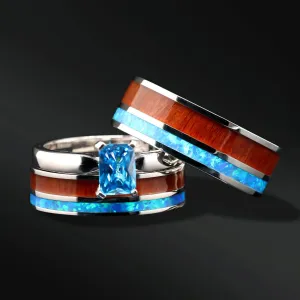 His and Her Opal Wedding Ring Set Wood Wedding Bands Stainless Steel Sterling Silver