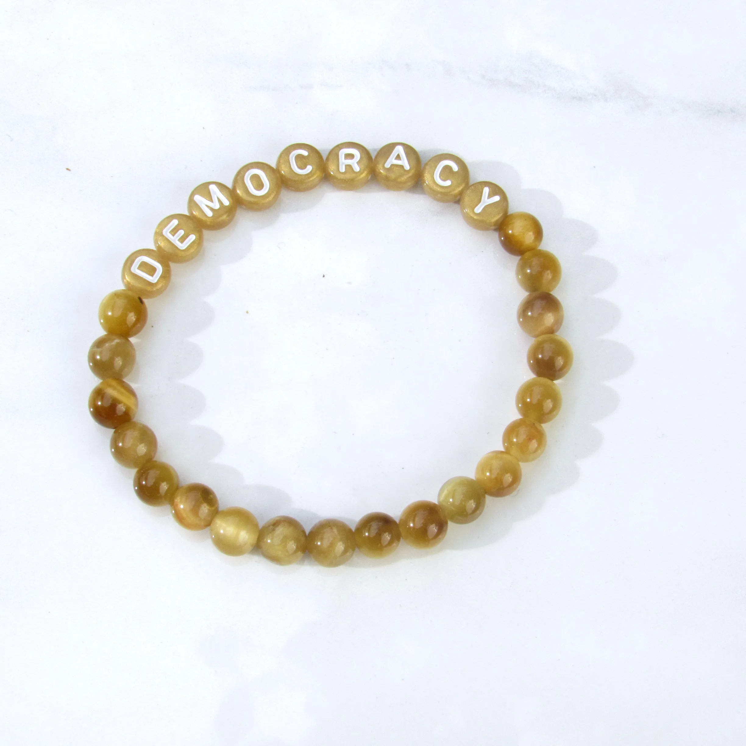 His and Her's Golden Tiger Eye DEMOCRACY phrase Bracelet