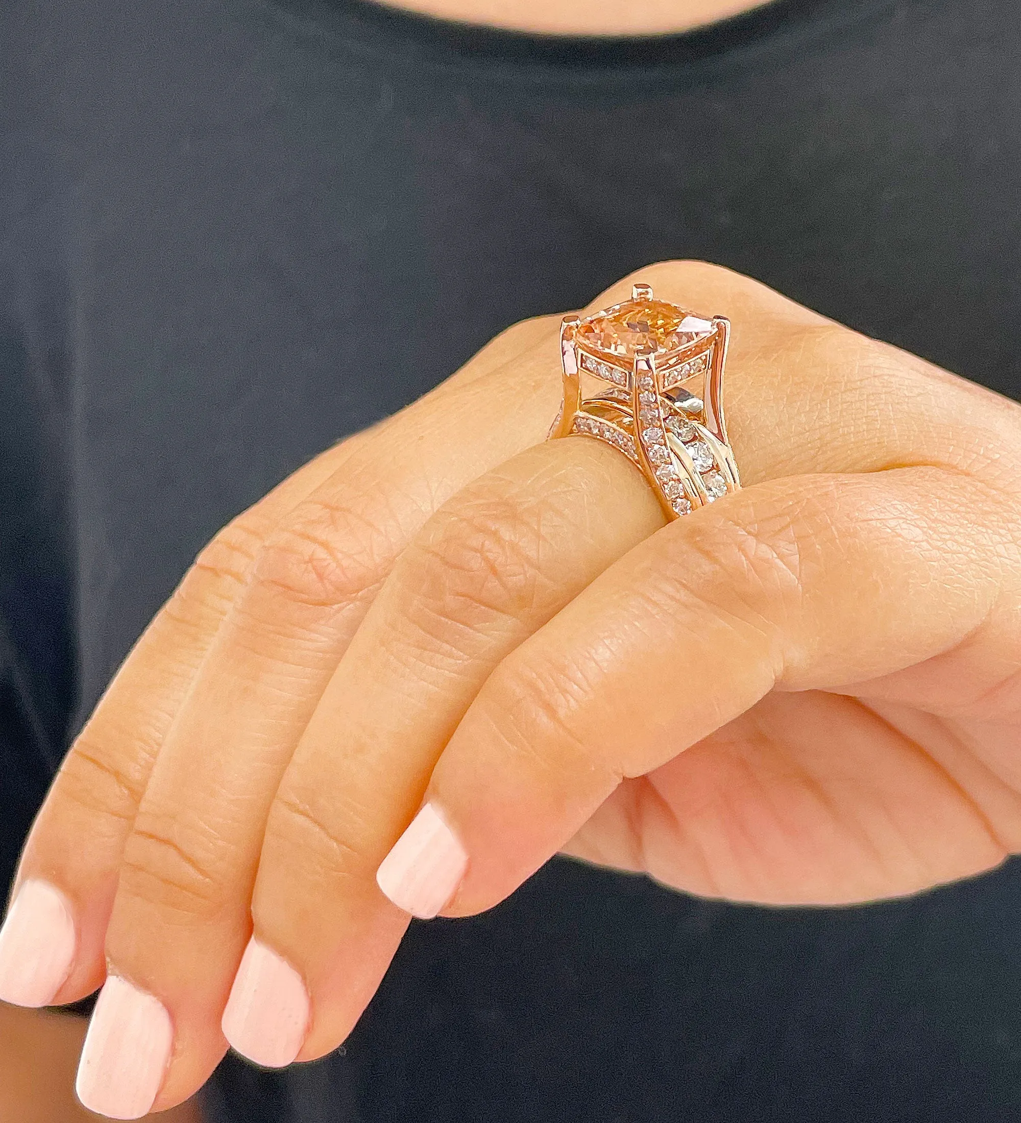 Huge 6.50 Carat Women's 14k solid rose gold cushion cut pink morganite and natural round cut diamond engagement ring Bridal Wedding