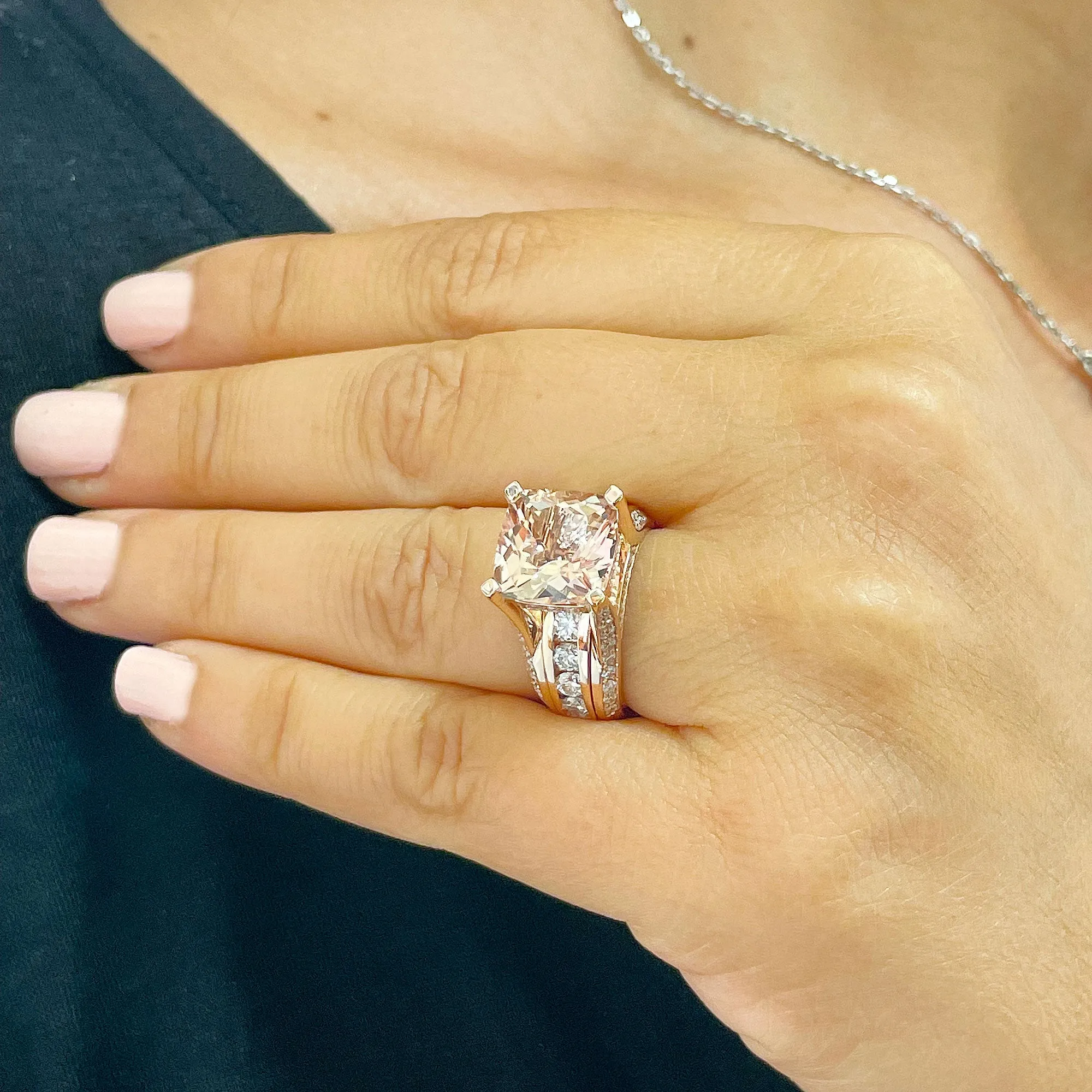 Huge 6.50 Carat Women's 14k solid rose gold cushion cut pink morganite and natural round cut diamond engagement ring Bridal Wedding