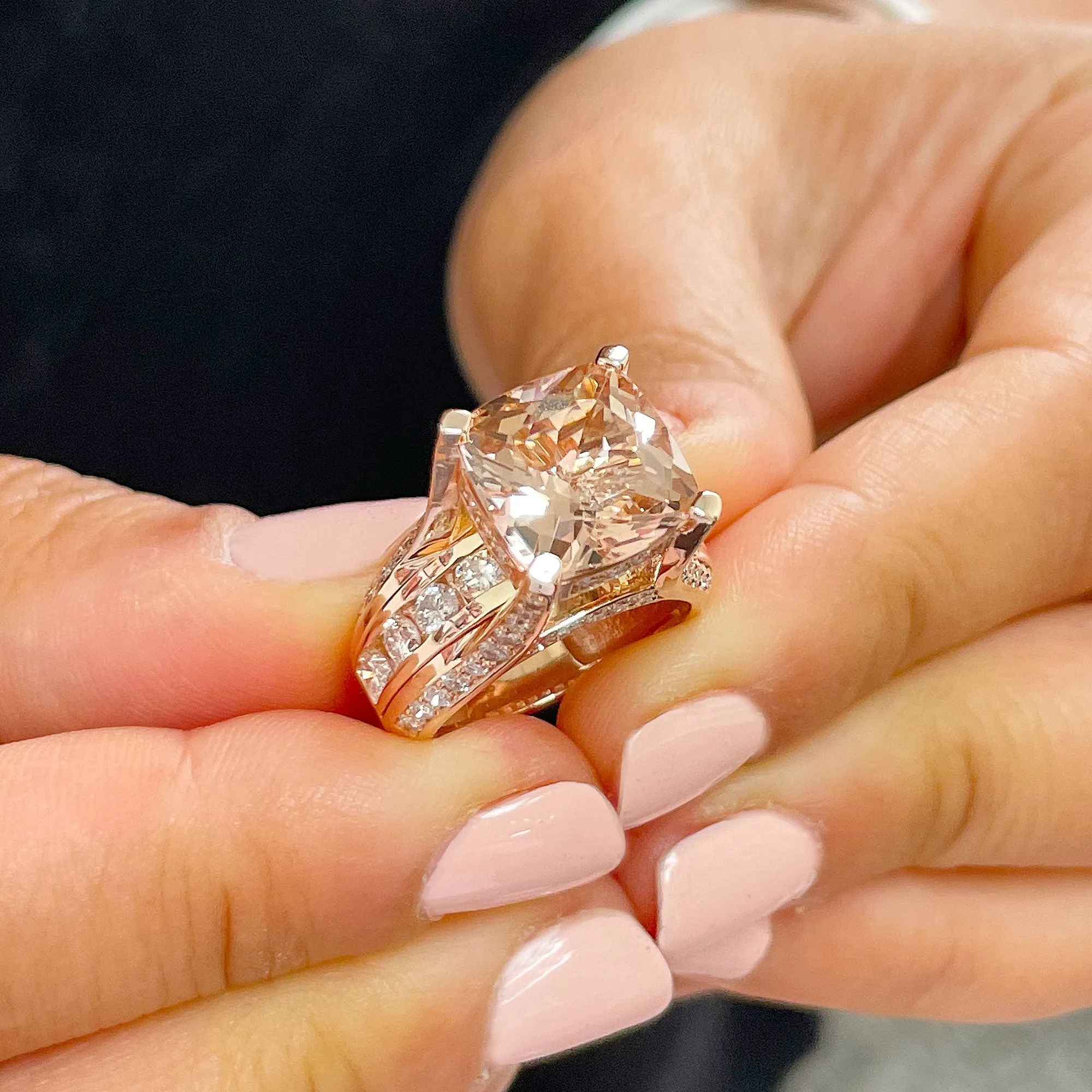 Huge 6.50 Carat Women's 14k solid rose gold cushion cut pink morganite and natural round cut diamond engagement ring Bridal Wedding
