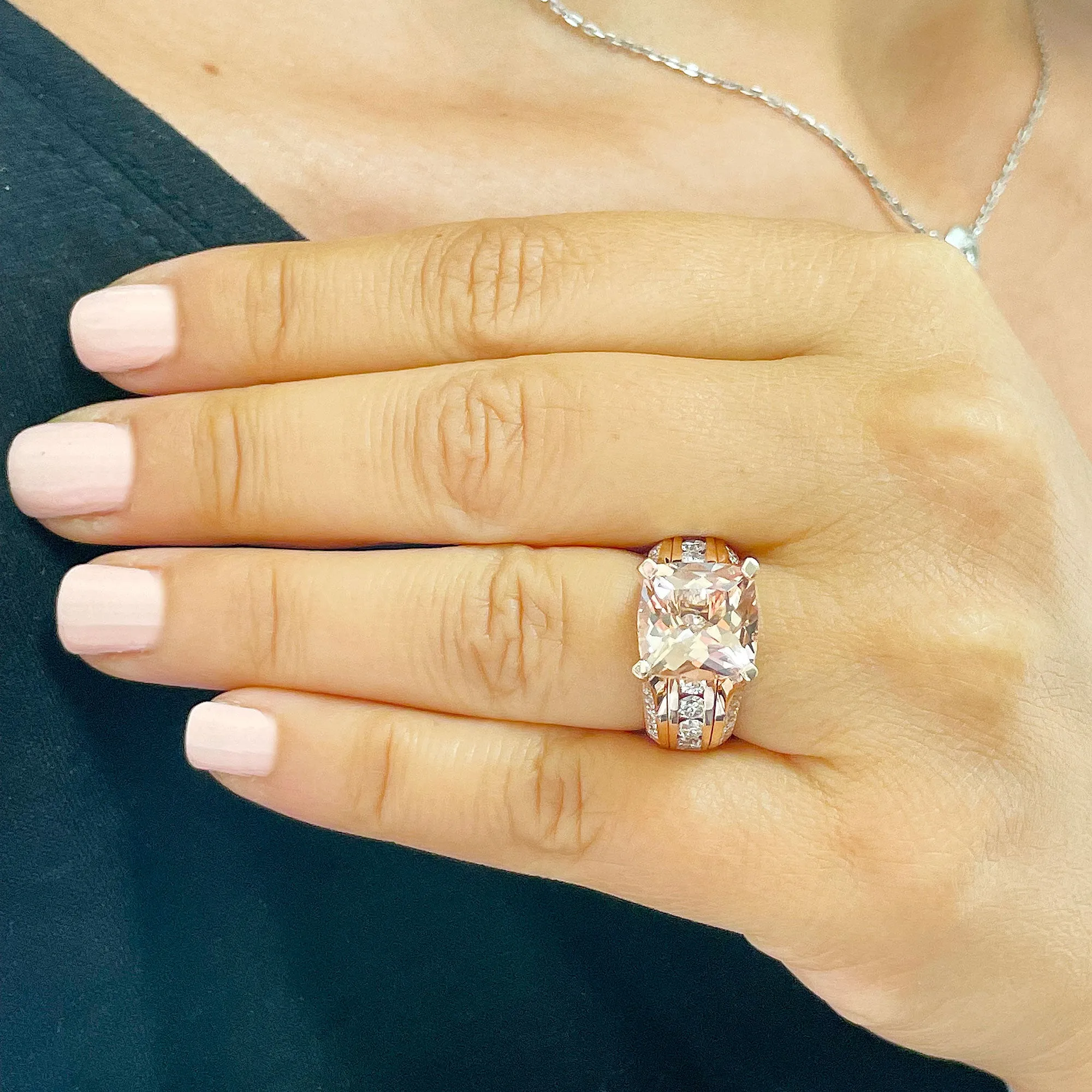 Huge 6.50 Carat Women's 14k solid rose gold cushion cut pink morganite and natural round cut diamond engagement ring Bridal Wedding