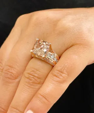 Huge 6.50 Carat Women's 14k solid rose gold cushion cut pink morganite and natural round cut diamond engagement ring Bridal Wedding