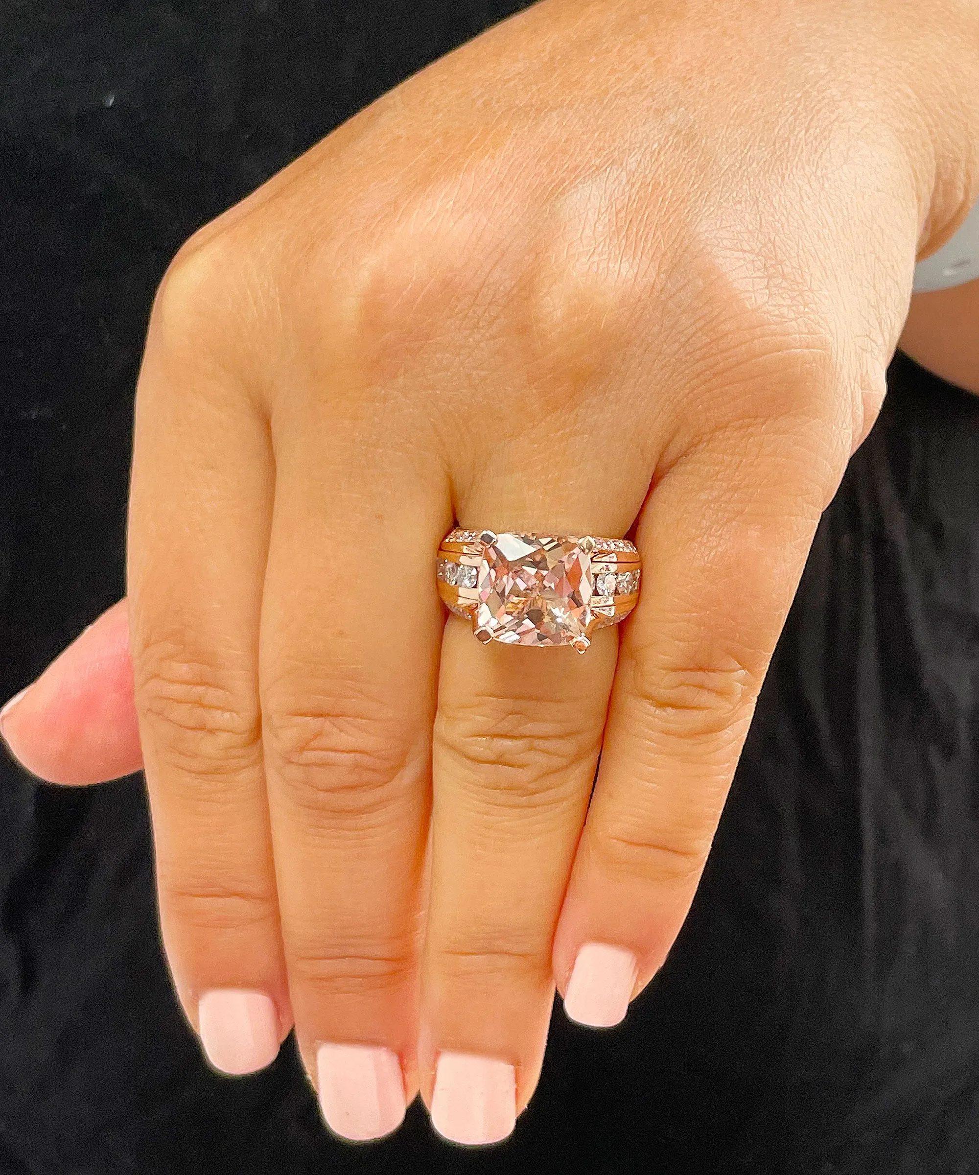Huge 6.50 Carat Women's 14k solid rose gold cushion cut pink morganite and natural round cut diamond engagement ring Bridal Wedding