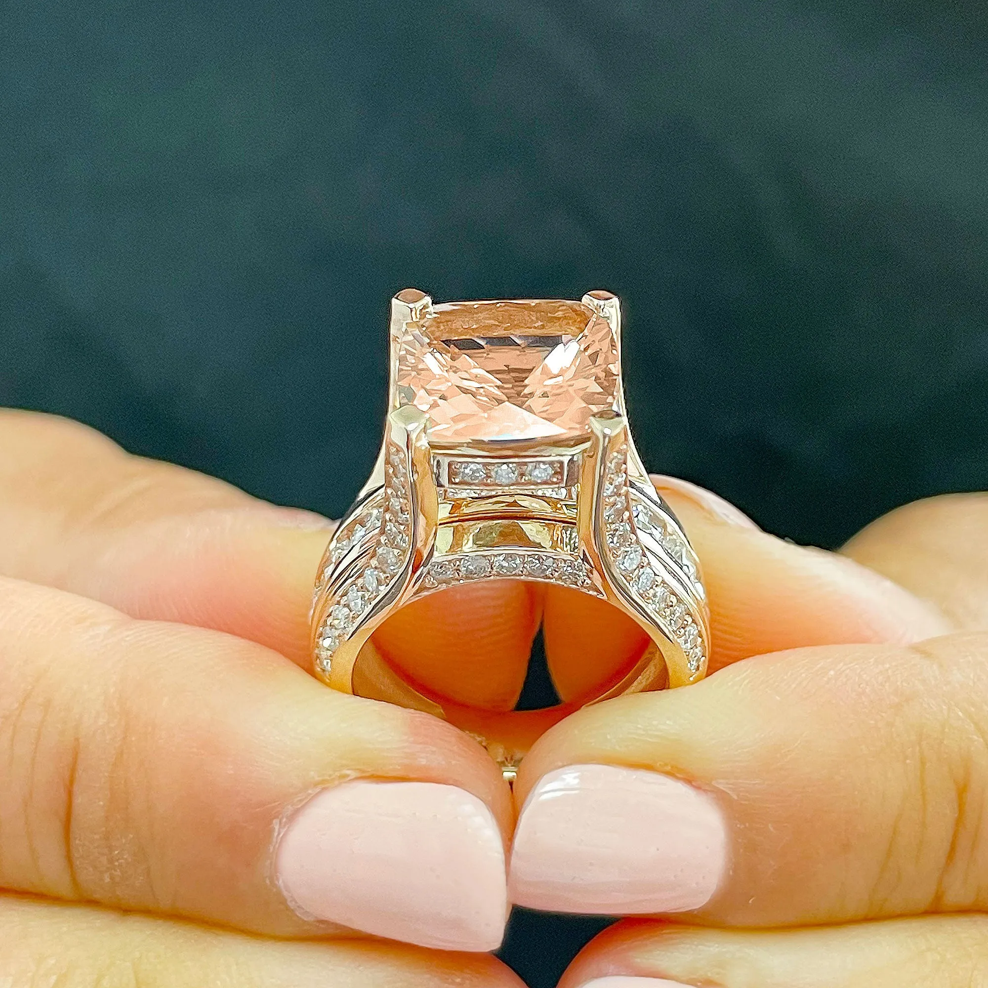 Huge 6.50 Carat Women's 14k solid rose gold cushion cut pink morganite and natural round cut diamond engagement ring Bridal Wedding