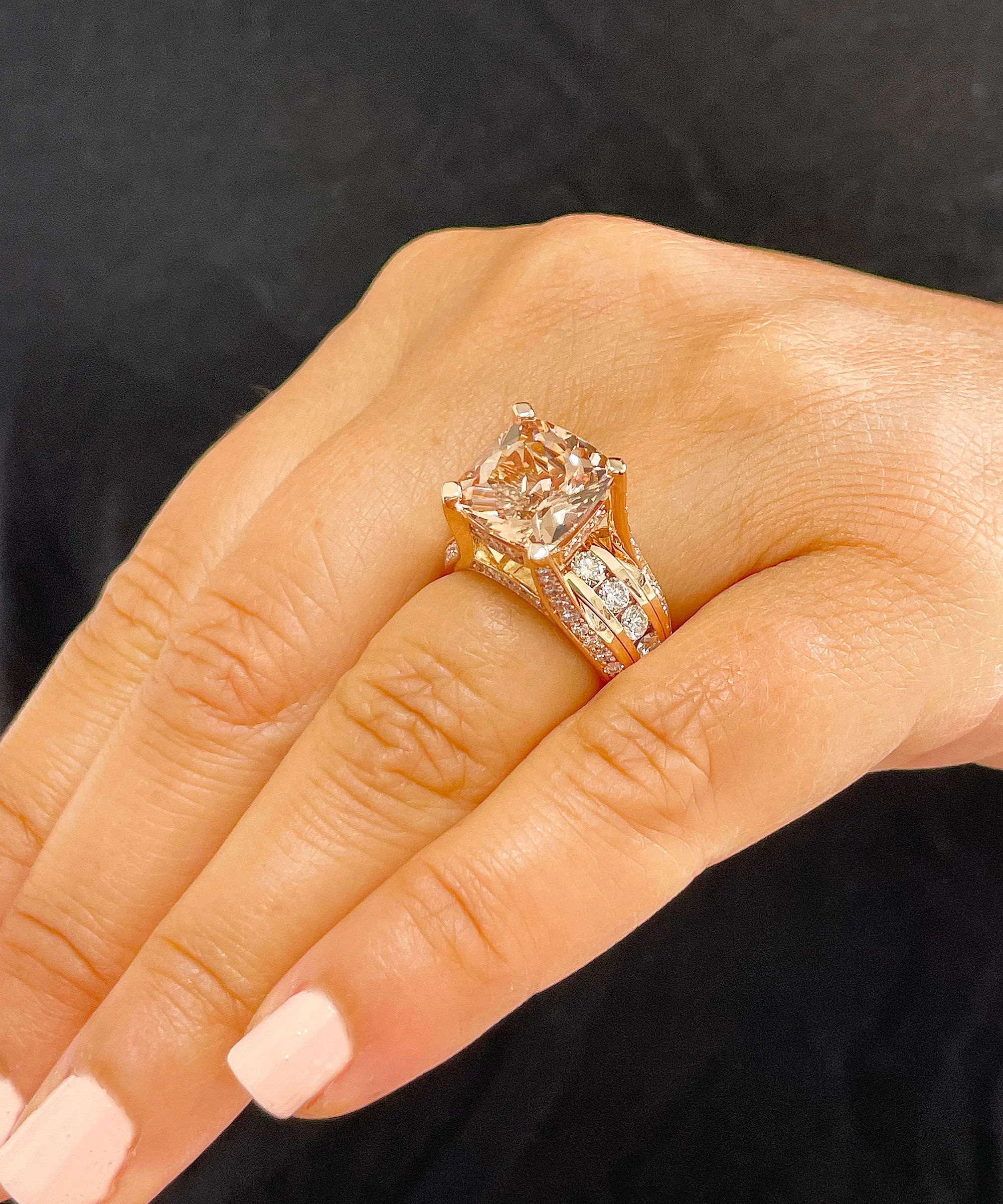 Huge 6.50 Carat Women's 14k solid rose gold cushion cut pink morganite and natural round cut diamond engagement ring Bridal Wedding