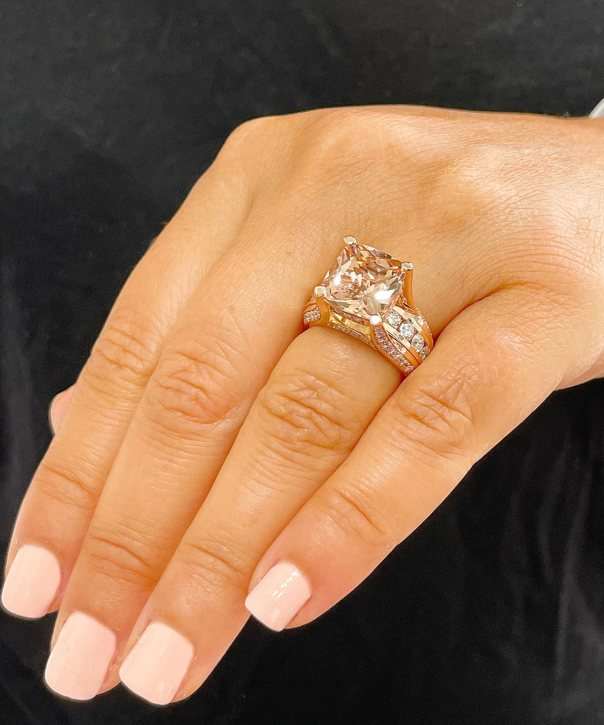 Huge 6.50 Carat Women's 14k solid rose gold cushion cut pink morganite and natural round cut diamond engagement ring Bridal Wedding