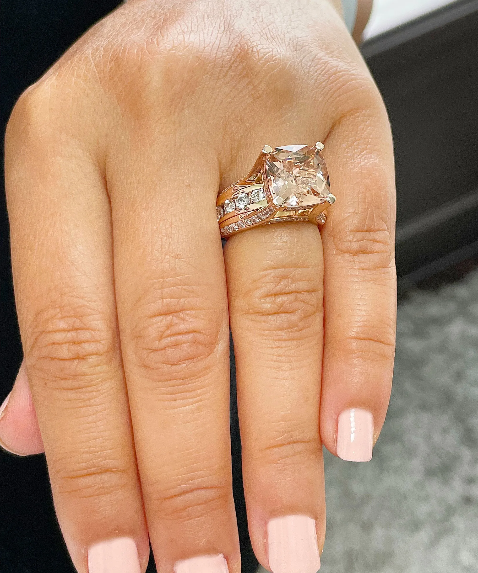 Huge 6.50 Carat Women's 14k solid rose gold cushion cut pink morganite and natural round cut diamond engagement ring Bridal Wedding