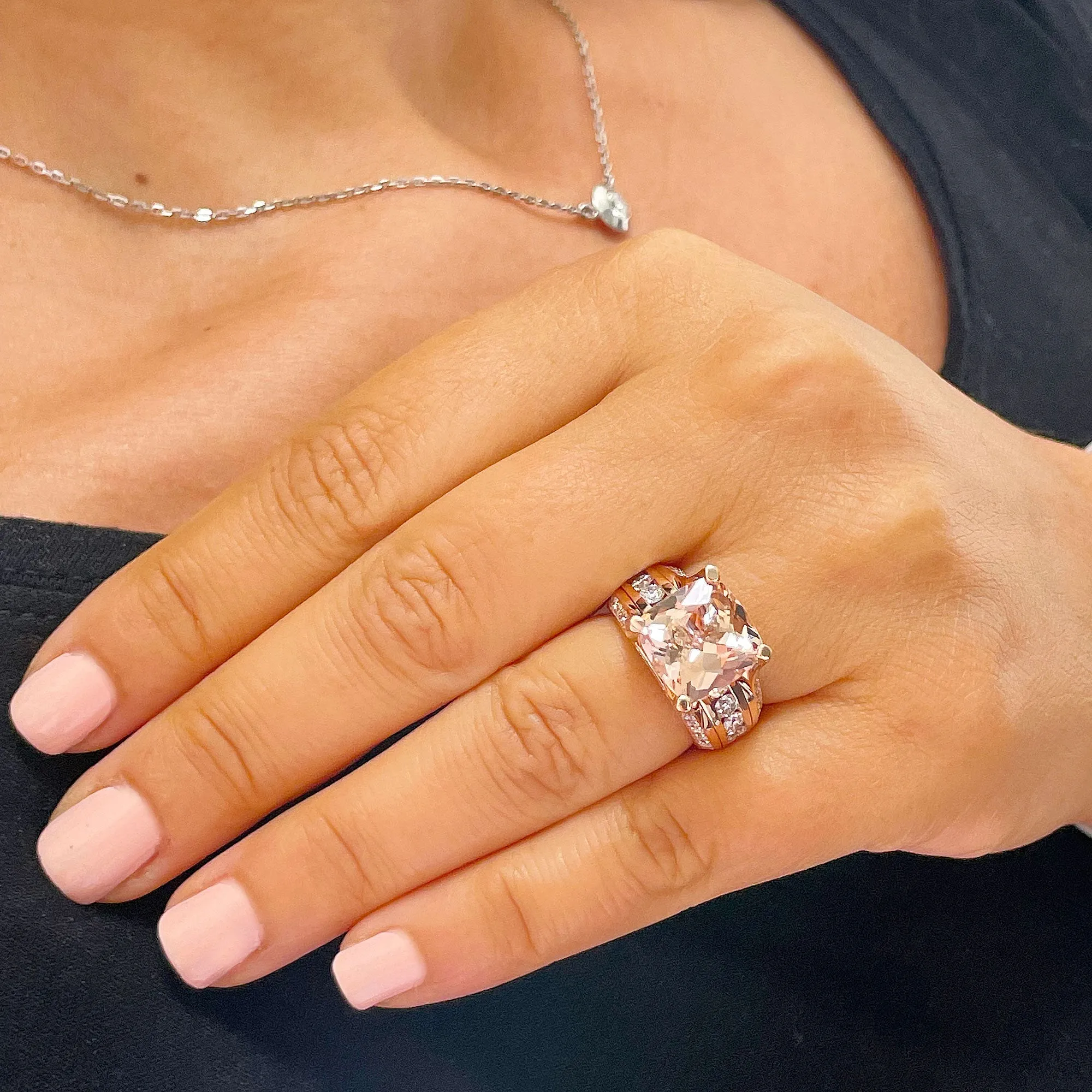 Huge 6.50 Carat Women's 14k solid rose gold cushion cut pink morganite and natural round cut diamond engagement ring Bridal Wedding