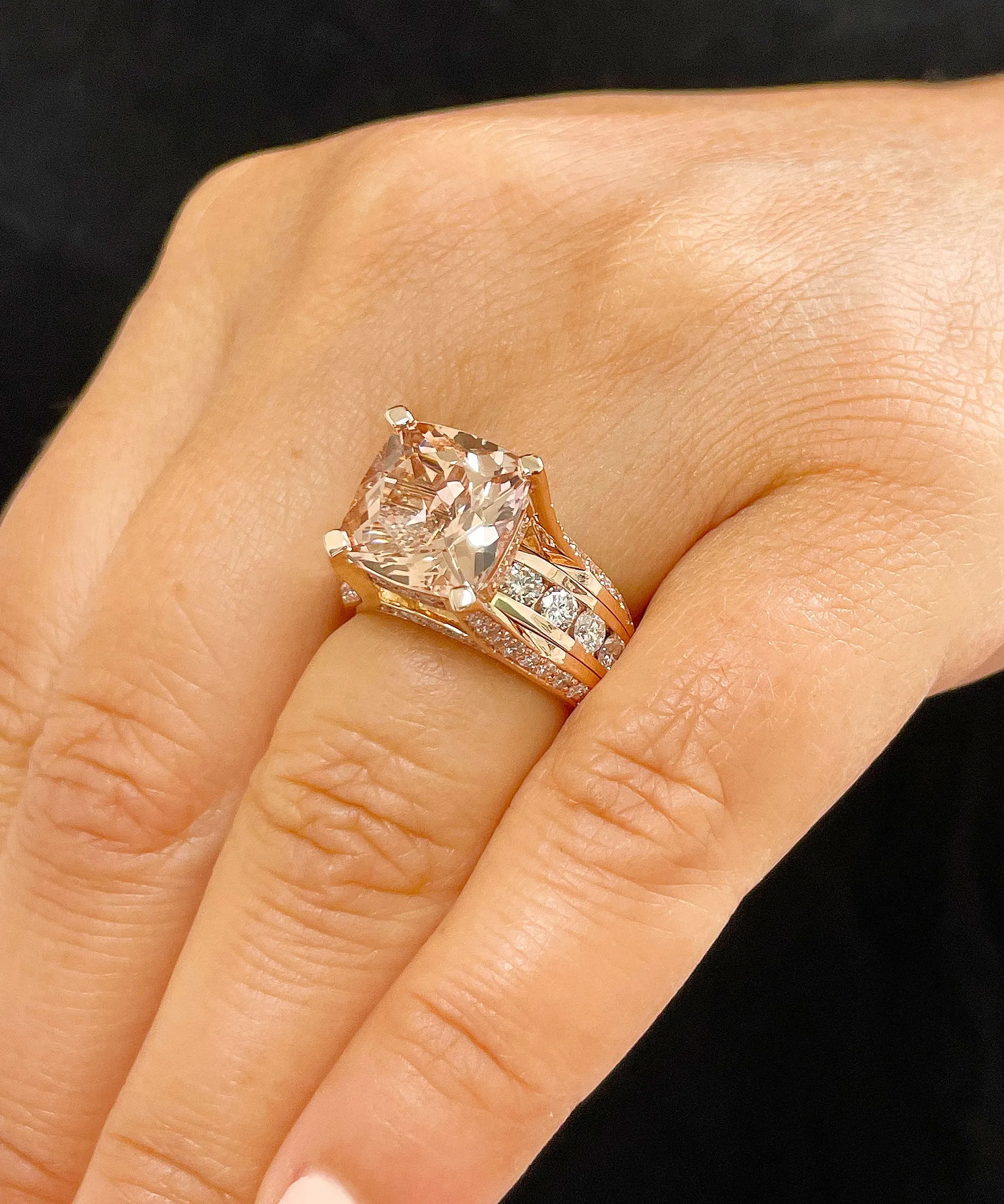 Huge 6.50 Carat Women's 14k solid rose gold cushion cut pink morganite and natural round cut diamond engagement ring Bridal Wedding