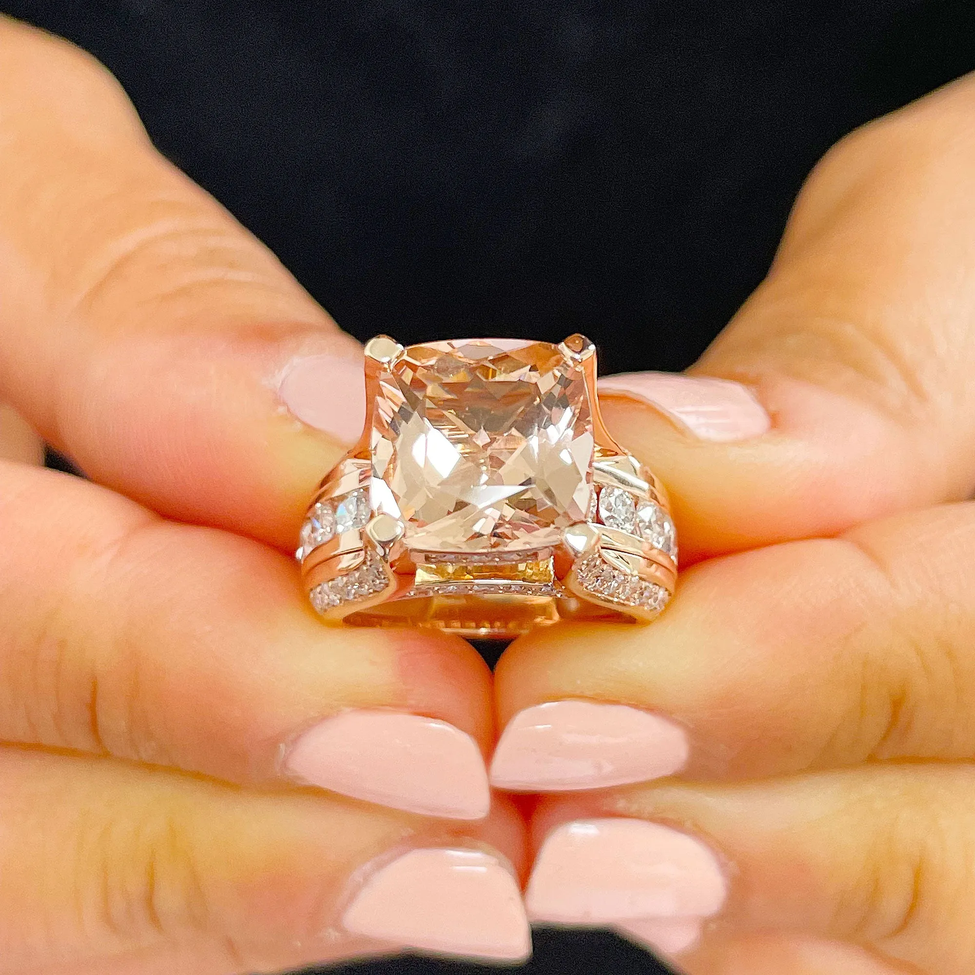 Huge 6.50 Carat Women's 14k solid rose gold cushion cut pink morganite and natural round cut diamond engagement ring Bridal Wedding