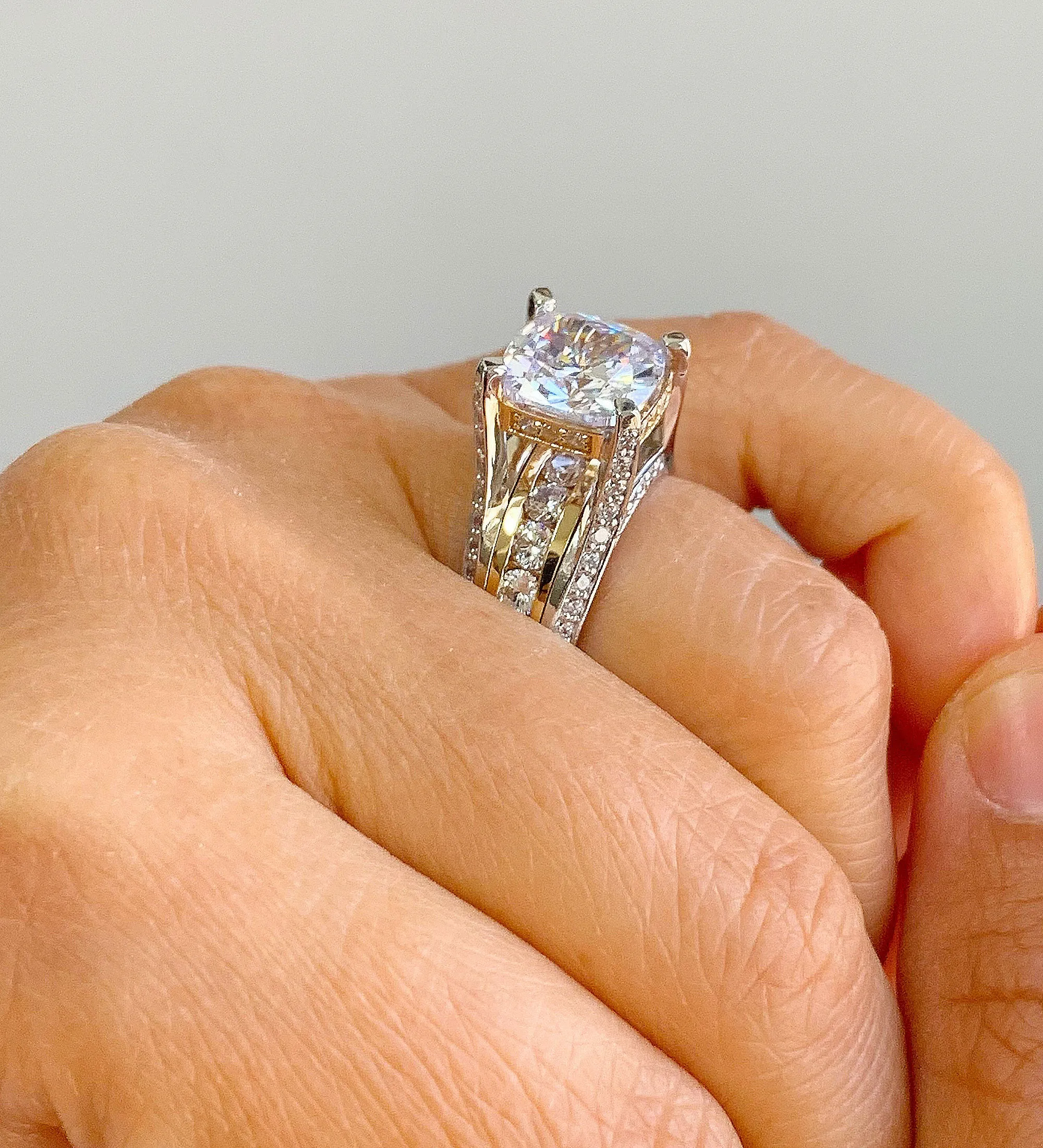 Huge 6.50 Carat Women's 14k solid white and yellow gold cushion cut moissanite and natural round cut diamond engagement ring