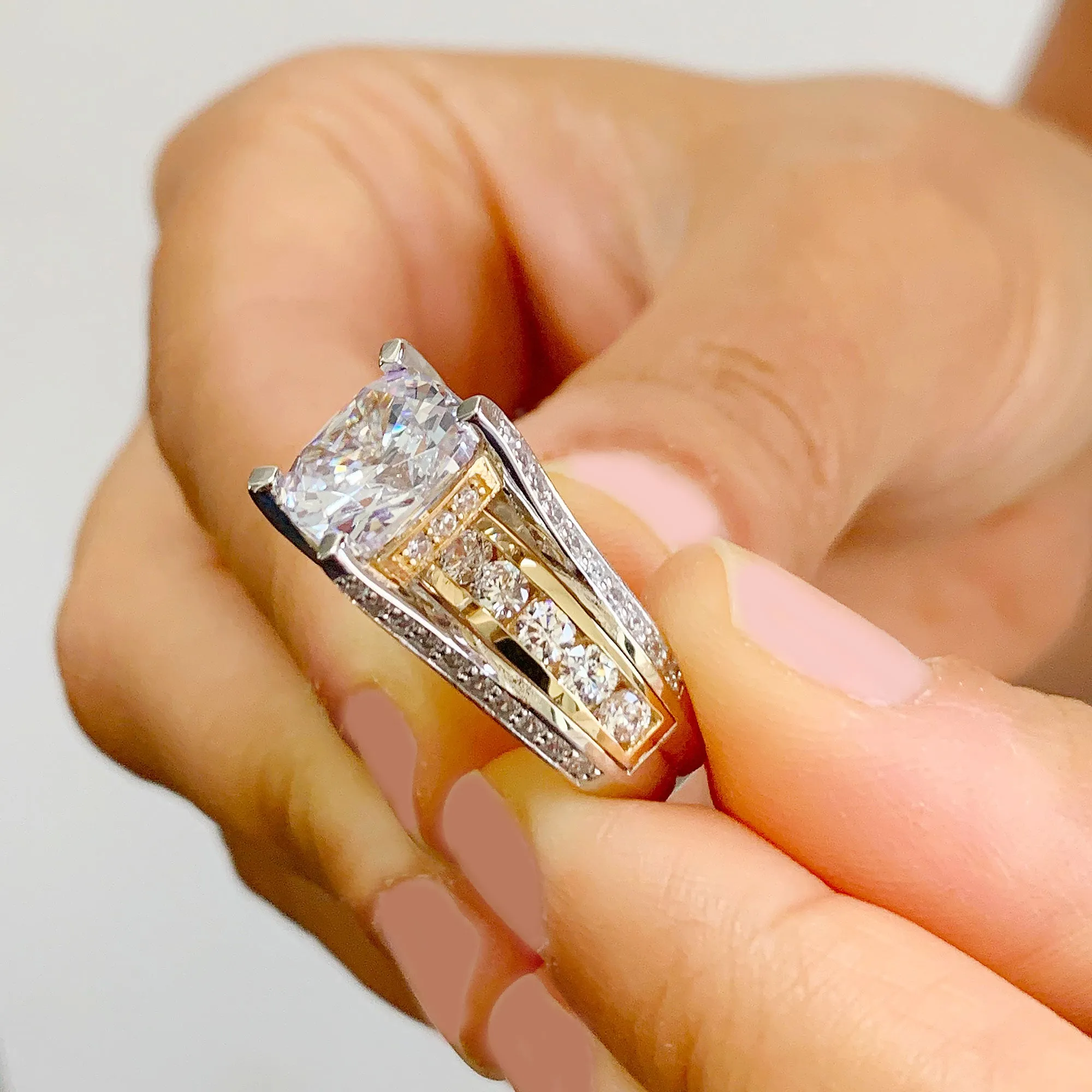 Huge 6.50 Carat Women's 14k solid white and yellow gold cushion cut moissanite and natural round cut diamond engagement ring